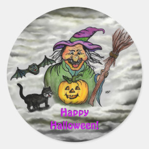 Hexe, Katze, Bat und Kürbis, glückliches Halloween Runder Aufkleber