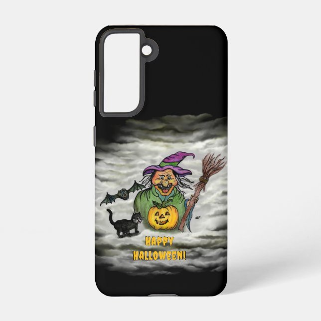 Hexe, Katze, Bat und Kürbis, glückliches Halloween Samsung Galaxy Hülle (Rückseite)