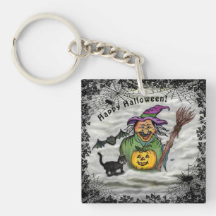 Hexe, Katze, Bat und Kürbis, glückliches Halloween Schlüsselanhänger