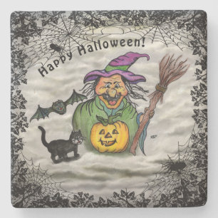 Hexe, Katze, Bat und Kürbis, glückliches Halloween Steinuntersetzer