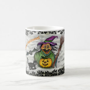 Hexe, Katze, Bat und Kürbis, glückliches Halloween Verwandlungstasse