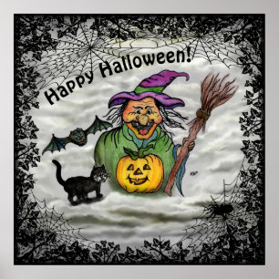 Hexe, Katze, Fledermaus und Kürbis, Frohes Hallowe Poster