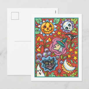 HEXE, KATZE, GEIST, BUNTE HALLOWEEN VOLKSGARTEN FEIERTAGSPOSTKARTE