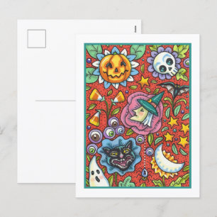 HEXE, KATZE, GEIST, FARBENFROHE HALLOWEEN-FIGUREN FEIERTAGSPOSTKARTE