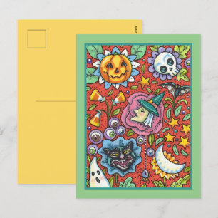 HEXE, KATZE, GEIST, FARBENFROHE HALLOWEEN-FIGUREN FEIERTAGSPOSTKARTE