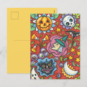 HEXE, KATZE, GEIST, FARBENFROHE HALLOWEEN-GARTENFI FEIERTAGSPOSTKARTE
