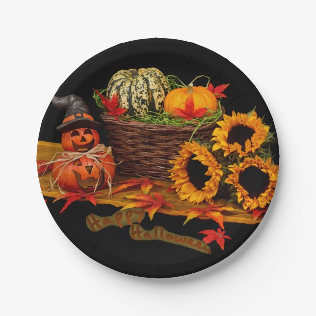 Hexe-Kürbis und Sonnenblumen Halloween Pappteller (Vorderseite)