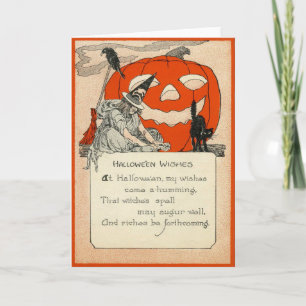 Hexe Kürbislaterne Black Cat Raven Karte