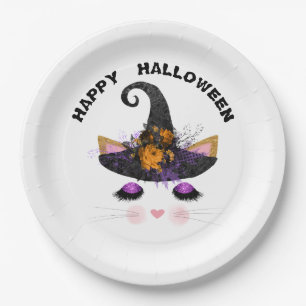 Hexe-Miezekatze-Gesicht Halloween Pappteller