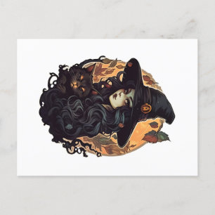 Hexe mit der schwarzen Katze Halloween Postkarte