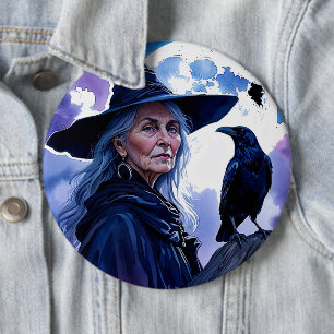 Hexe mit einem Raben - Halloween Fan Fun 1 Button