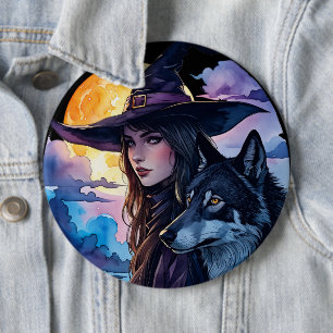 Hexe mit einem Wolf - Halloween Fan Fun 1 Button