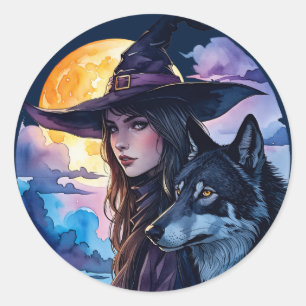Hexe mit einem Wolf - Halloween Fan Fun 1 Runder Aufkleber