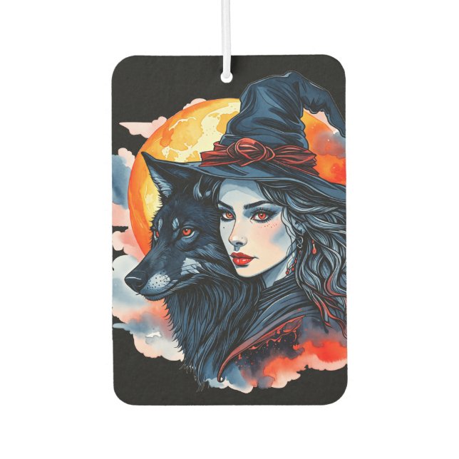 Hexe mit einem Wolf - Halloween Fan Fun 2 Autolufterfrischer (Vorderseite)