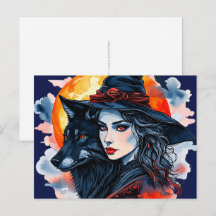 Hexe mit einem Wolf - Halloween Fan Fun 2 Postkarte