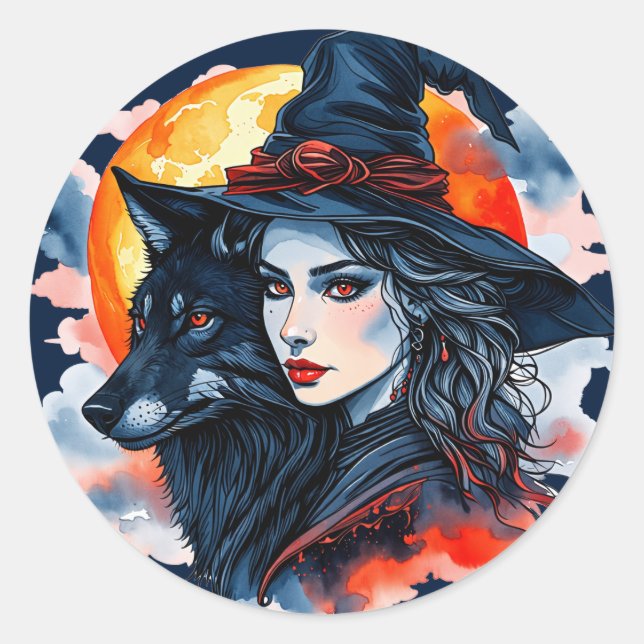 Hexe mit einem Wolf - Halloween Fan Fun 2 Runder Aufkleber (Vorderseite)