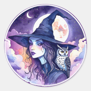 Hexe mit einer Eule - Halloween Fan Fun 2 Runder Aufkleber