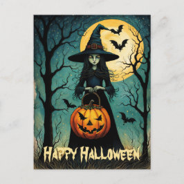 Hexe mit grauem Kürbis Laternenröschen Halloween Postkarte