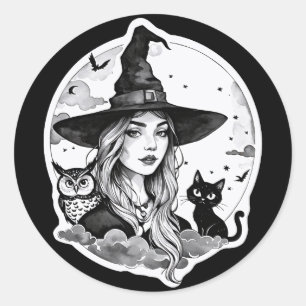 Hexe mit Katze und Eule - Halloween Fan Fun 1 Runder Aufkleber