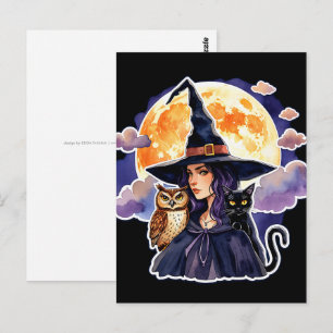 Hexe mit Katze und Eule - Halloween Fan Fun 2 Postkarte