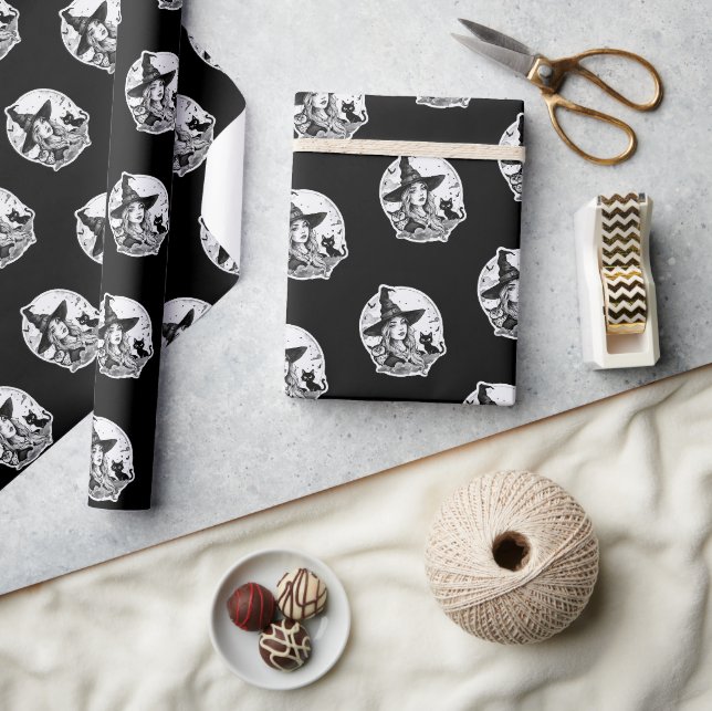 Hexe mit Katze und Schüssel - Halloween Fan Spaß 1 Geschenkpapier (Kunsthandwerk)