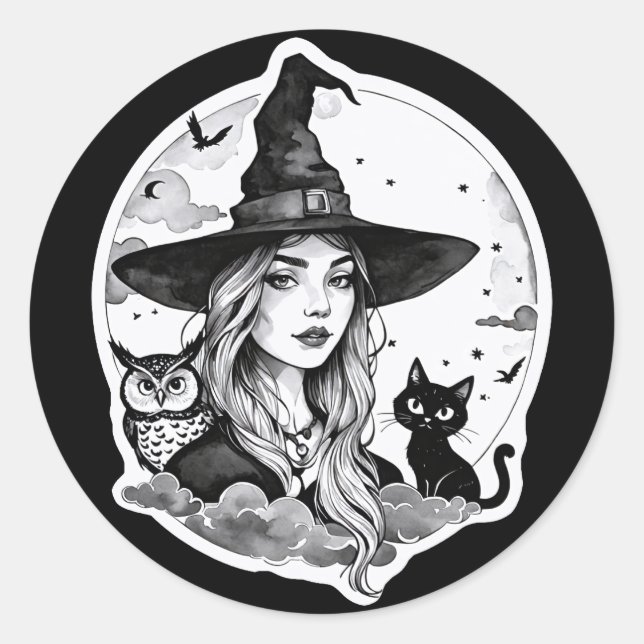 Hexe mit Katze und Schüssel - Halloween Fan Spaß 1 Runder Aufkleber (Vorderseite)