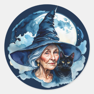 Hexe mit Katze - Wicca Halloween 1 Runder Aufkleber