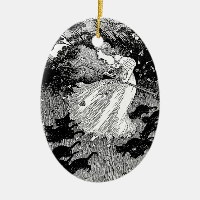 Hexe mit Katzen Keramik Ornament (Vorne)