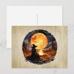 Hexe mit Kerzen und Feuer - Wicca Halloween 1 Postkarte
