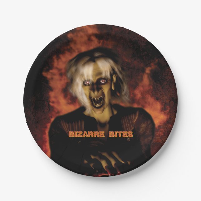 Hexe mit Kürbis gewischt. Halloween Pappteller (Vorderseite)