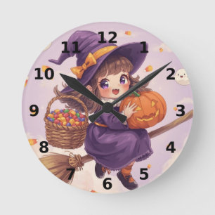 Hexe mit Kürbis Halloween-Uhr Runde Wanduhr