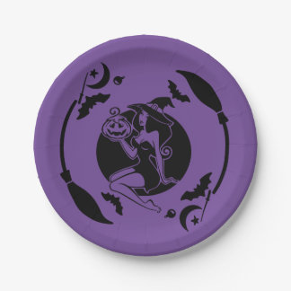 Hexe mit Kürbis Pappteller