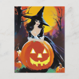 Hexe mit Kürbis vor Vollmond Postkarte