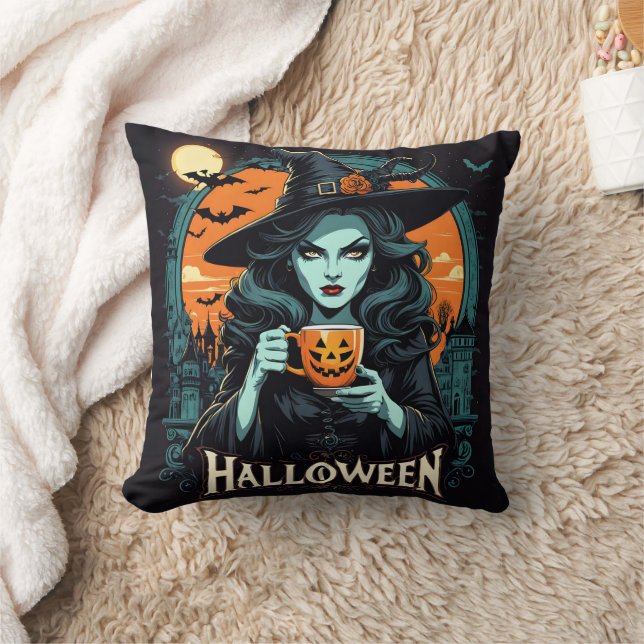 Hexe mit Kürbiskürbis-Tasse zu Halloween Kissen (Decke)