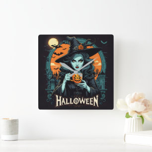 Hexe mit Kürbiskürbis-Tasse zu Halloween Quadratische Wanduhr