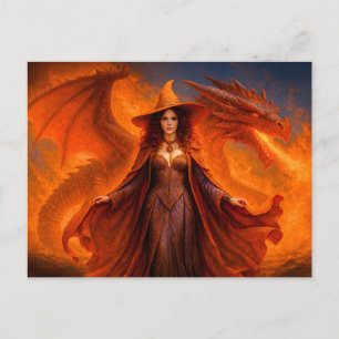 Hexe mit rotem Drachen und Flammen Feiertagspostkarte