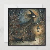Hexe mit schwarzer Katze Halloween-Party-Einladung