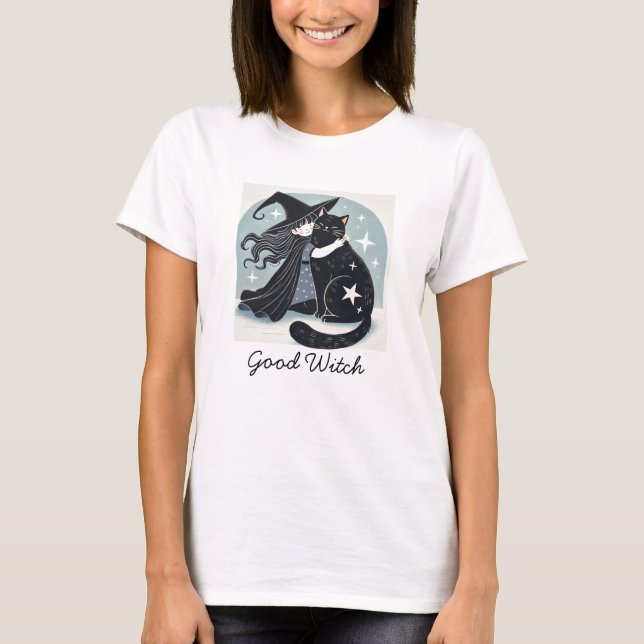Hexe mit schwarzer Katze T-Shirt (Vorderseite)