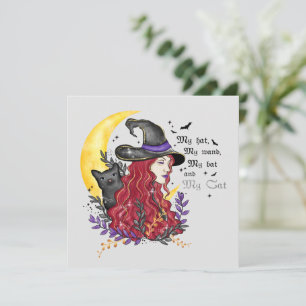 Hexe mit schwarzer Katze und Halbmond