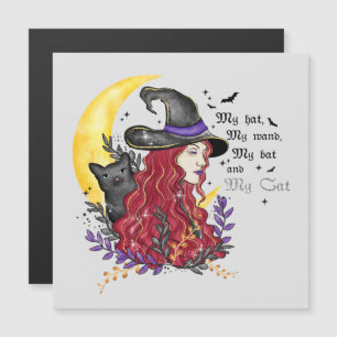 Hexe mit schwarzer Katze und Halbmond Magnetkarte