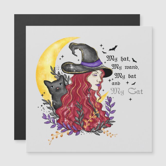 Hexe mit schwarzer Katze und Halbmond Magnetkarte (Vorne/Hinten)