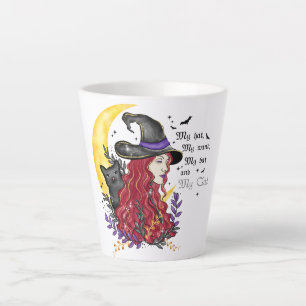 Hexe mit schwarzer Katze und Halbmond Milchtasse