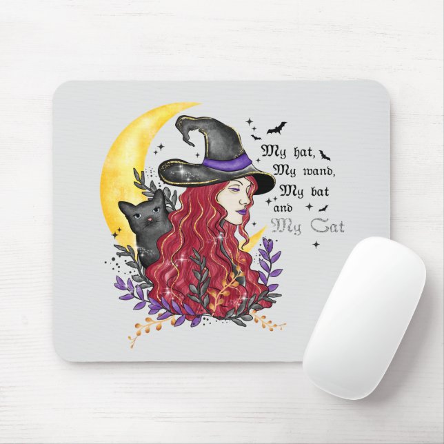 Hexe mit schwarzer Katze und Halbmond Mousepad (Mit Mouse)