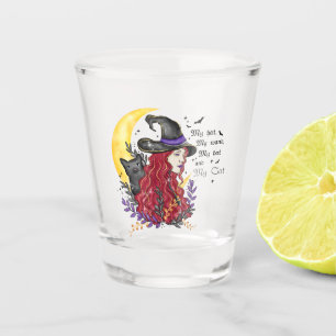 Hexe mit schwarzer Katze und Halbmond Schnapsglas