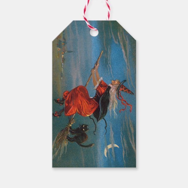 Hexe mit schwarzer Katze zu Halloween Geschenkanhänger (Vorderseite)