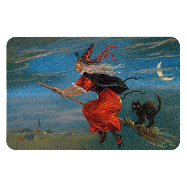 Hexe mit schwarzer Katze zu Halloween Magnet (Horizontal)
