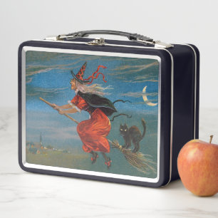 Hexe mit schwarzer Katze zu Halloween Metall Brotdose