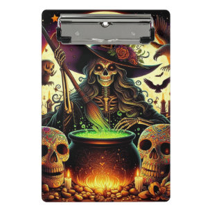 Hexe mit Skeletten und Kessel. Mini Klemmbrett