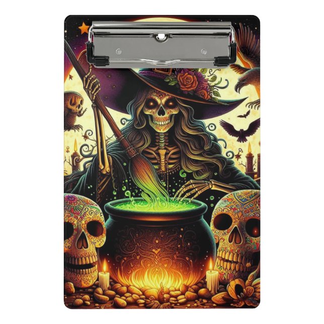 Hexe mit Skeletten und Kessel. Mini Klemmbrett (Vorderseite)