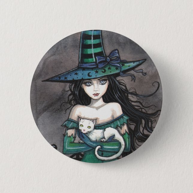 Hexe mit weißer Katze Pinback-Button Button (Vorderseite)